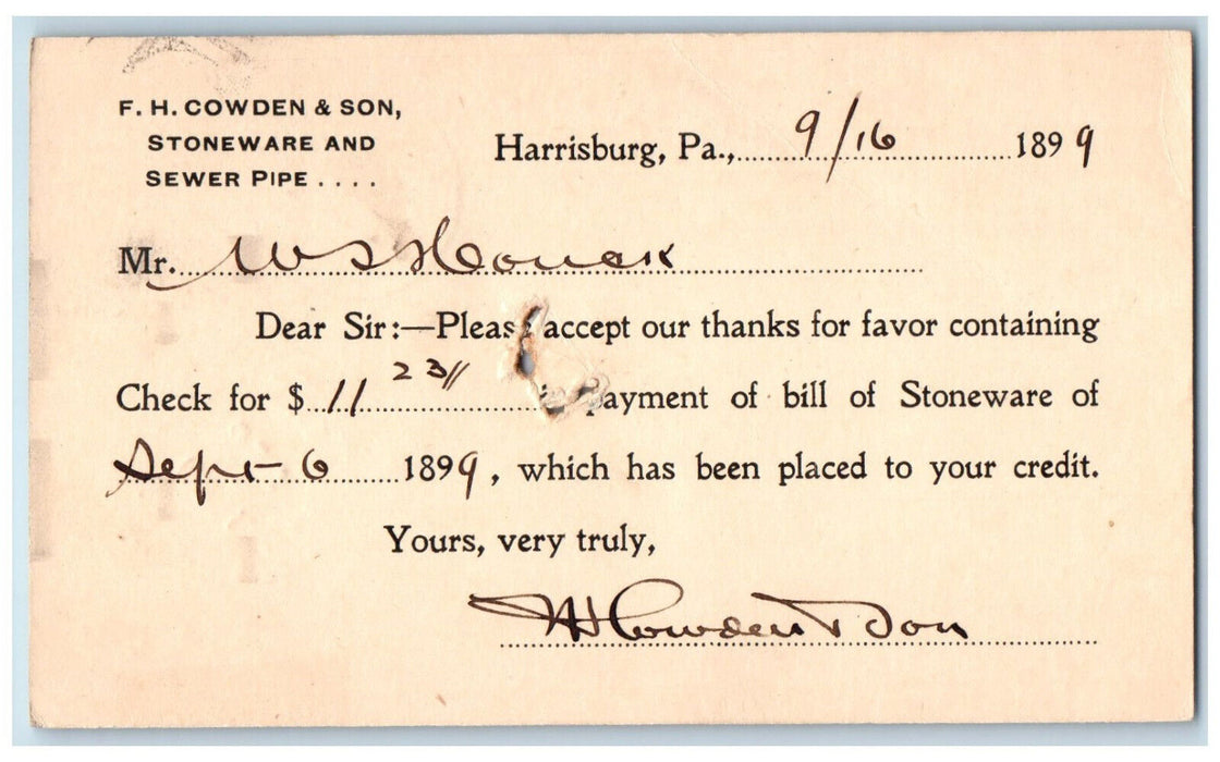1899 F.H. Cowden & Son Stoneware and Sewer Pipe Harrisburg PA Postal Card