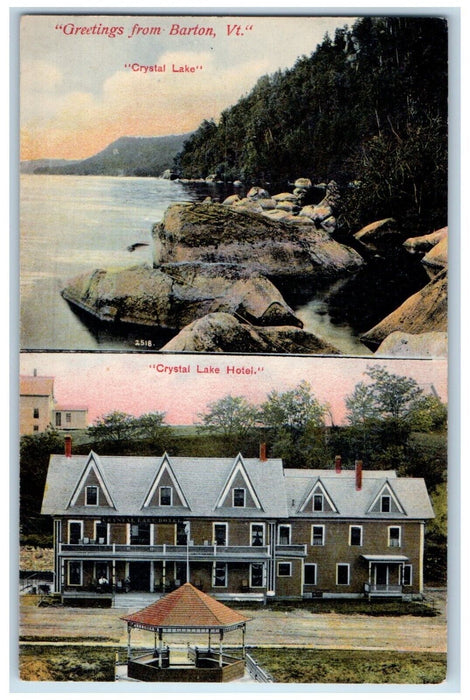 c1910's Greetings From Barton VT, Crystal Lake And Crystal Lake Hotel Postcard