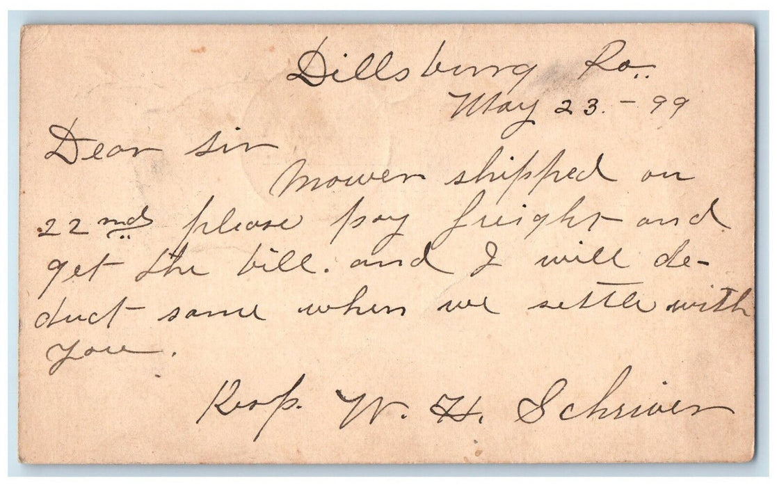 1899 Mower Shipped Pay Freight Letter Dillsburg Pennsylvania PA Postal Card