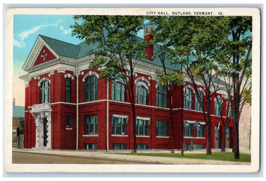 c1930's City Hall Building Street View Rutland Vermont VT Vintage Postcard