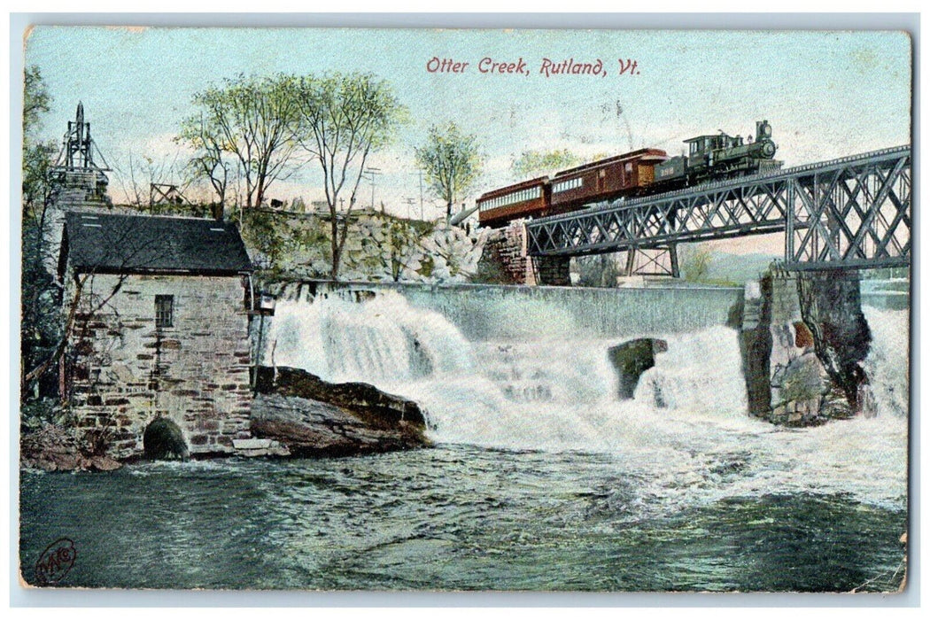 1907 Otter Creek Waterfalls Railroad Train Rutland Vermont VT Antique Postcard