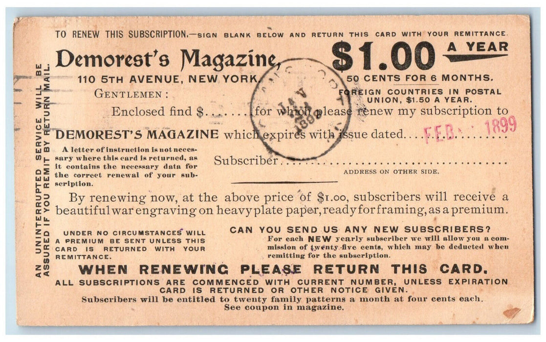 1899 Demorest's Magazine New York NY Wogansport North Dakota ND Postal Card