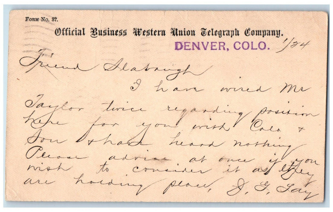 1903 Official Business Western Union Telegraph Company Denver CO Postal Card