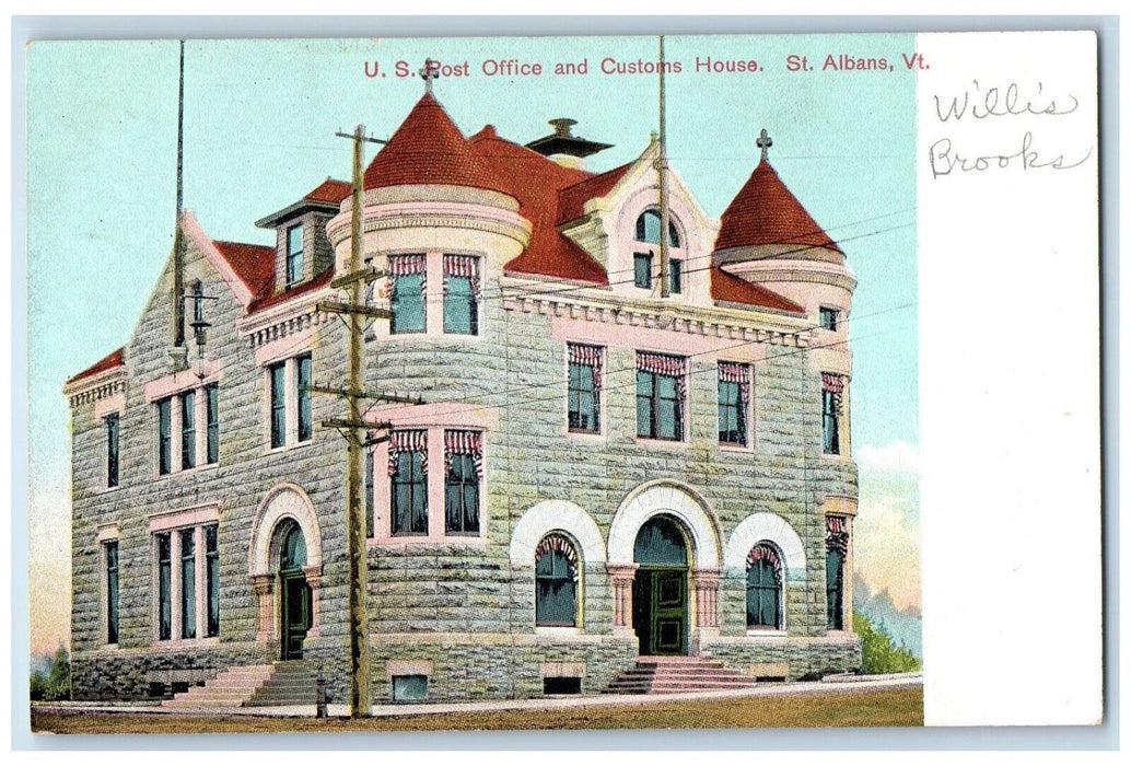 1908 US Post Office And Customs House St. Albans Vermont VT Antique Postcard