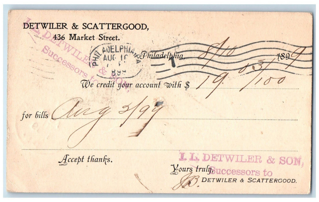 1899 Detwiler & Scattergood Philadelphia Heidlersburg PA Postal Card