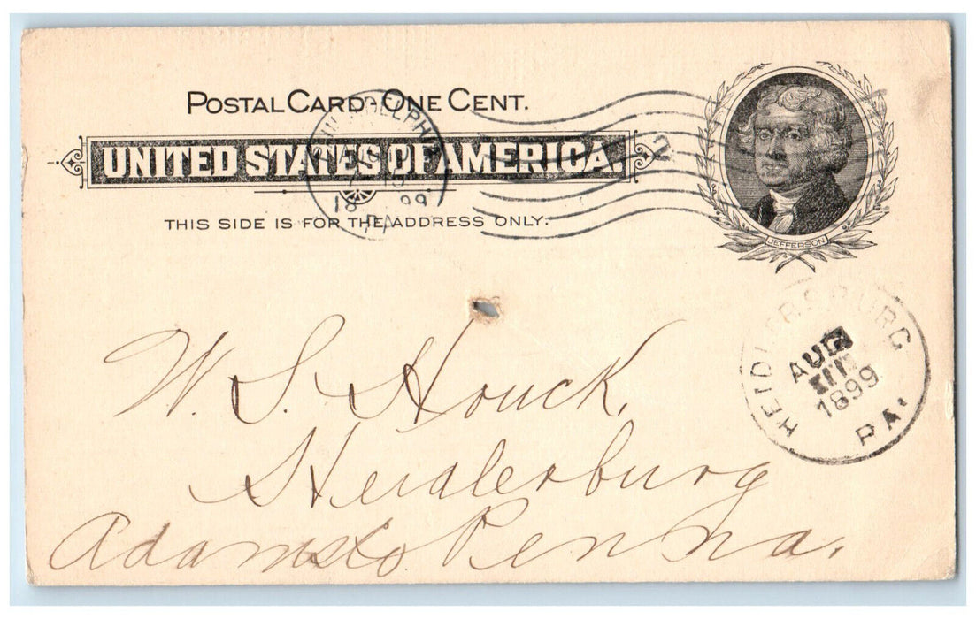 1899 Detwiler & Scattergood Philadelphia Heidlersburg PA Postal Card