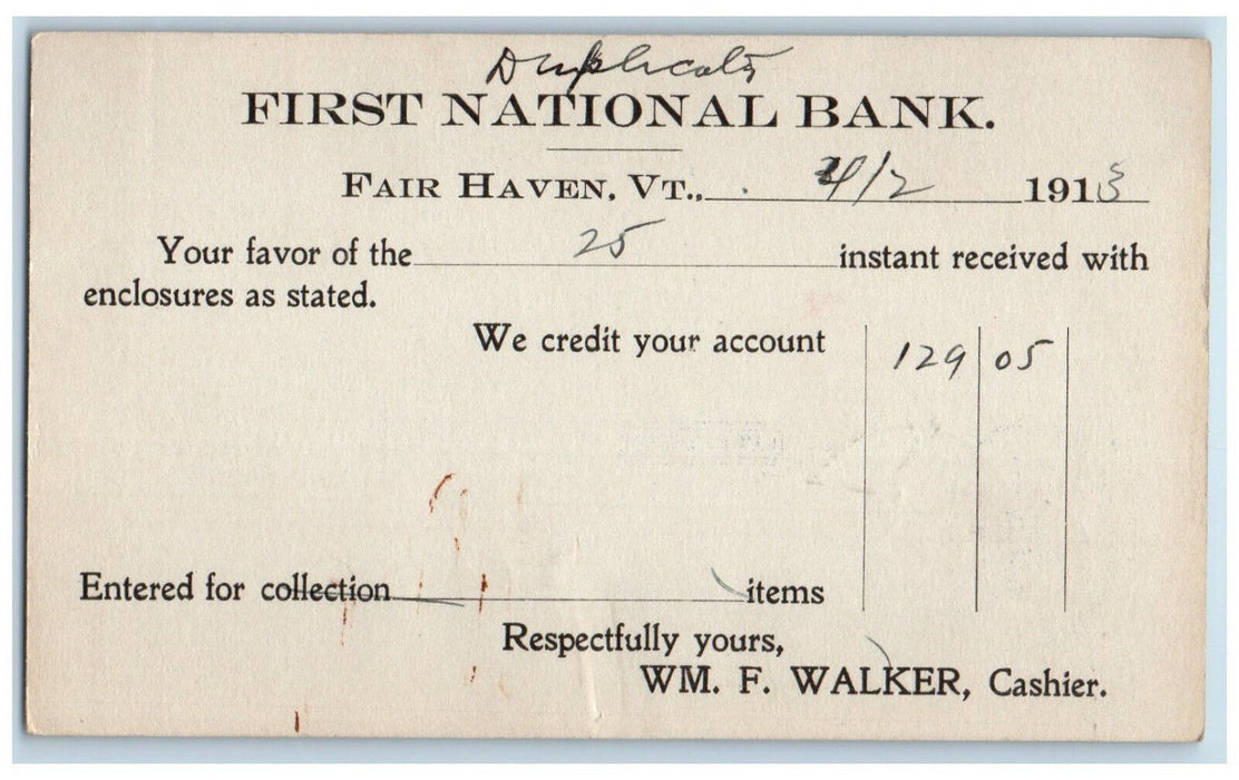 1913 First National Bank Fair Haven Vermont Benson VT Antique Postal Card