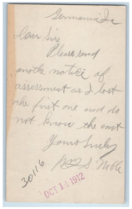 1912 Send Notice of Assessment Esterville Iowa IA Germania IA Postal Card