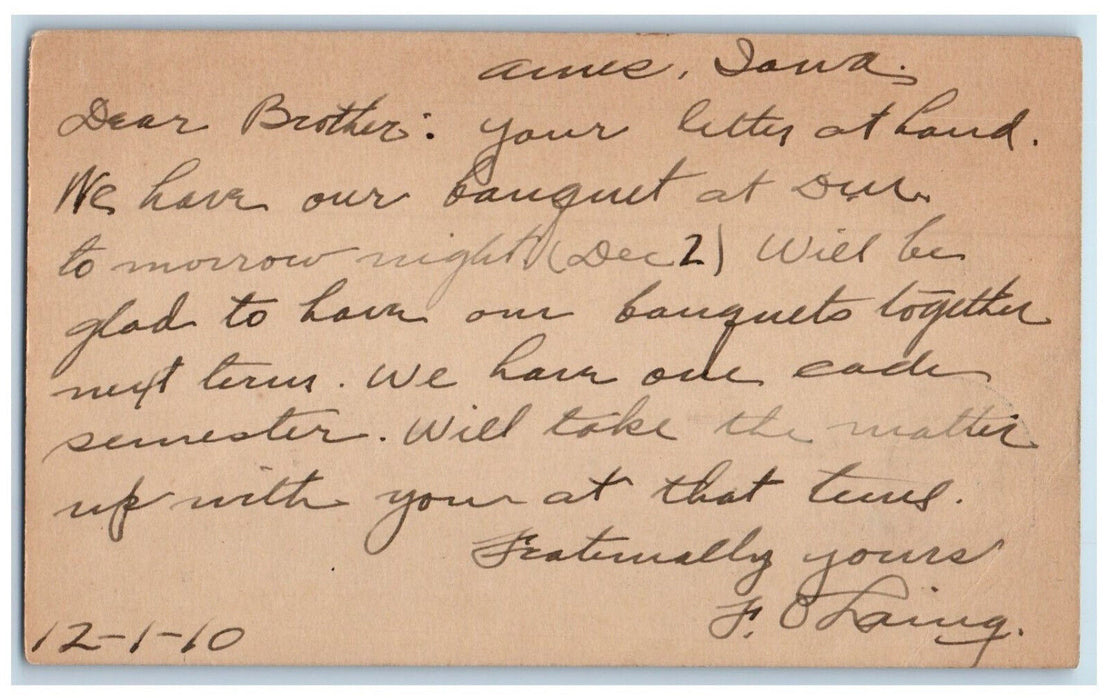 1910 Letter to Brother About Bangquet Des Moines IA Iowa City IA Postal Card