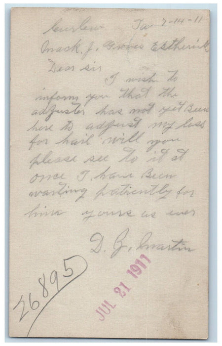 1911 From Mack J Groves DB Martin Estherville Iowa IA Curlew IA Postal Card