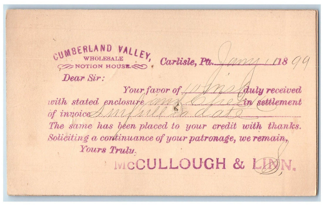 1899 Cumberland Valley Wholesale Notion House Carlisle Phila PA Postal Card