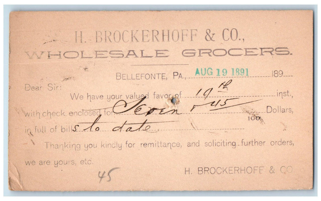 1891 H. Brockerhoff & Co. Wholesale Grocers Bellefonte PA Postal Card
