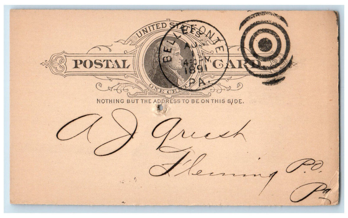 1891 H. Brockerhoff & Co. Wholesale Grocers Bellefonte PA Postal Card