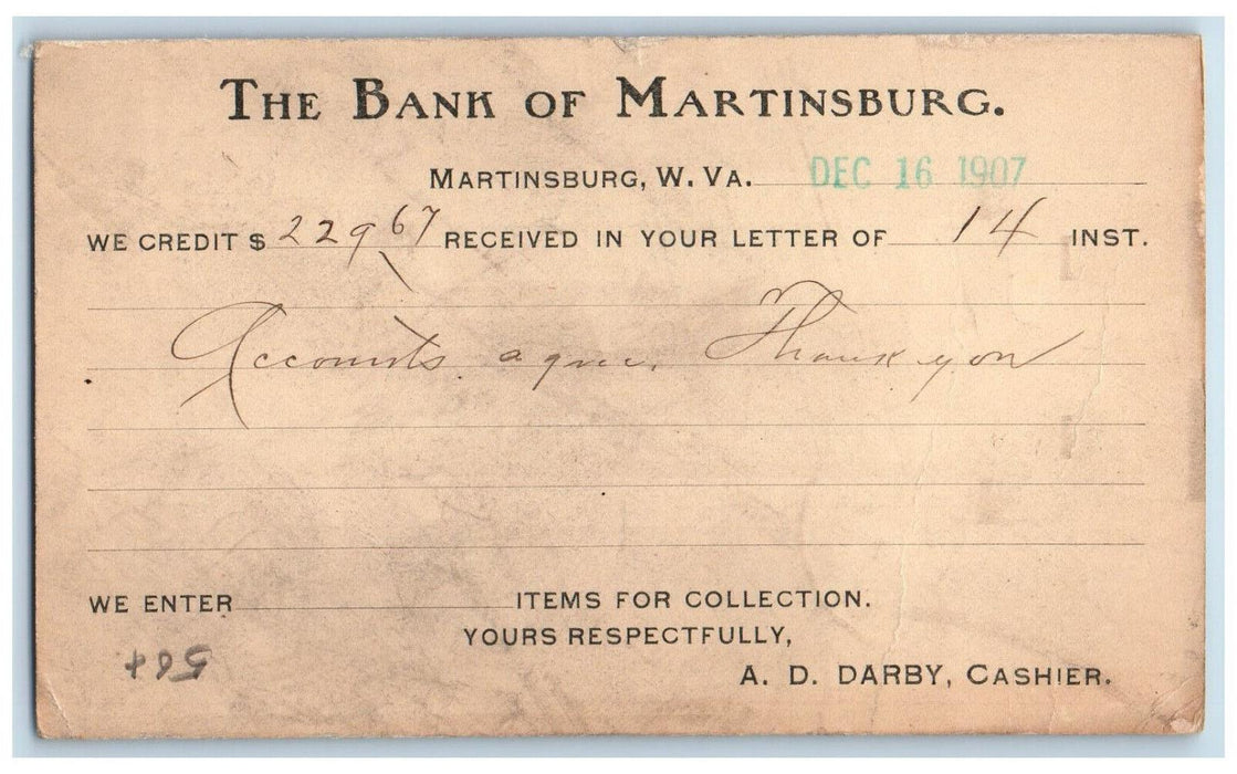 1907 The Bank of Martinsburg West Virginia WV Shepherdstown WV Postal Card