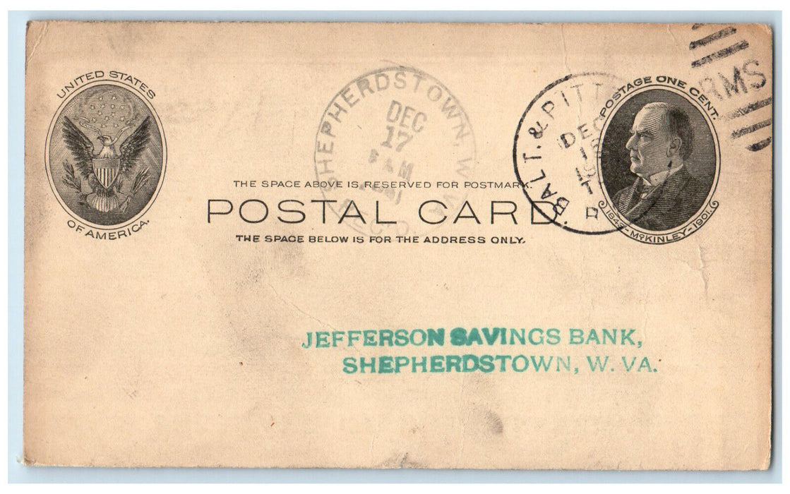 1907 The Bank of Martinsburg West Virginia WV Shepherdstown WV Postal Card