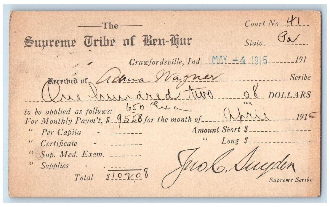 1915 The Supreme Tribe of Ben-Hur Crawfordsville Indiana IN Antique Postal Card