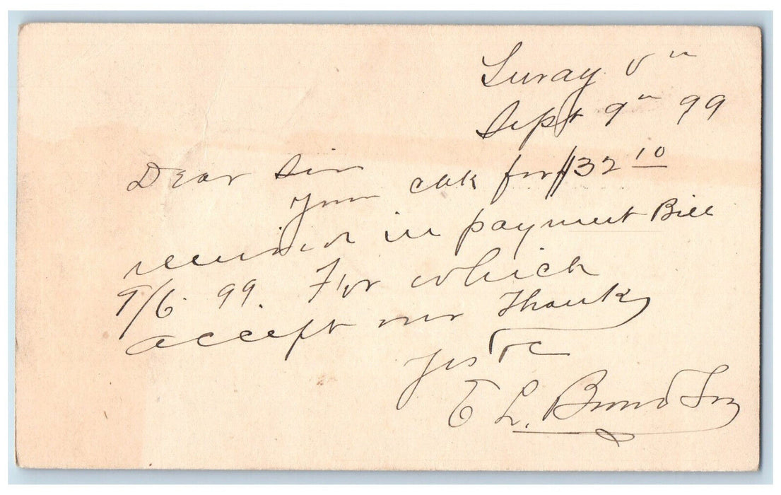 1899 Payment Letter NL Menefee Luray Virginia VA Kimball VA Antique Postal Card