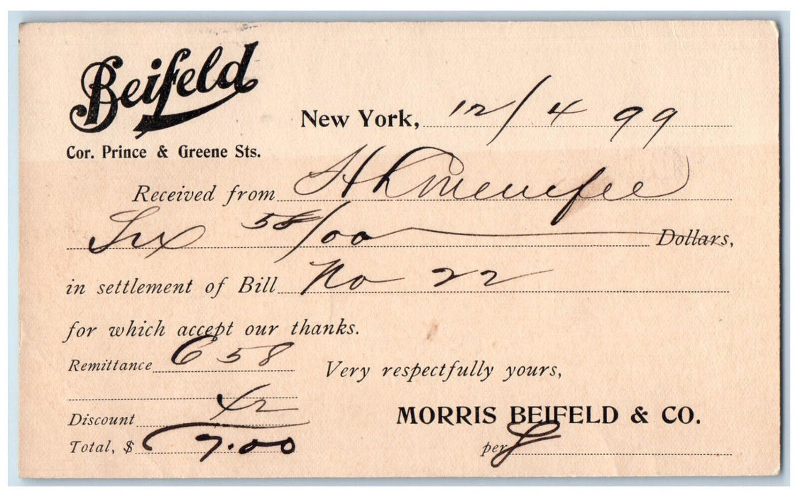 1899 Morris Beifeld & Co. Cor. Prince & Green Sts. New York NY Postal Card