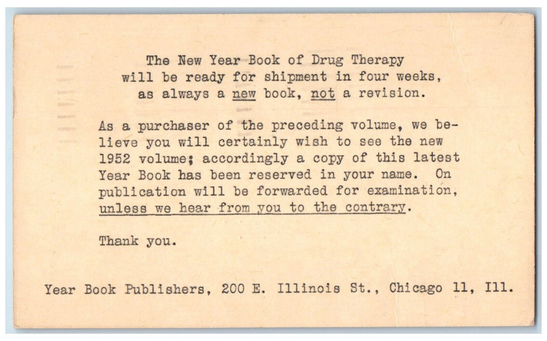 1952 The New Year Book of Drug Theraphy in Shipment Chicago IL Postal Card