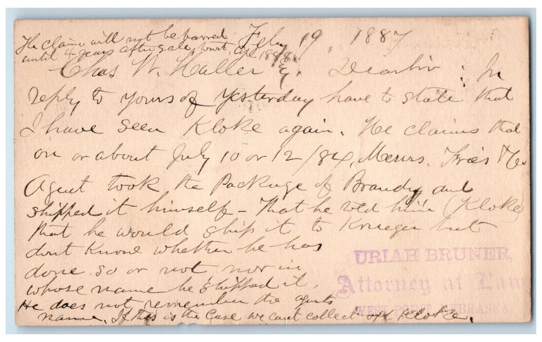 1887 Chas Haller Uriah Bruner Attorney at Law West Point NE Stamp Postal Card