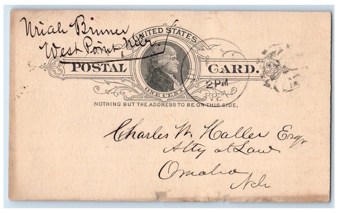 1887 Chas Haller Uriah Bruner Attorney at Law West Point NE Stamp Postal Card