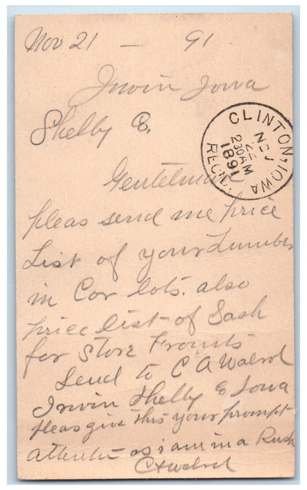 1891 Send Price List of Lumber Irwin Iowa IA Clinton IA Antique Postal Card
