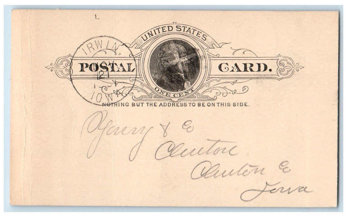 1891 Send Price List of Lumber Irwin Iowa IA Clinton IA Antique Postal Card