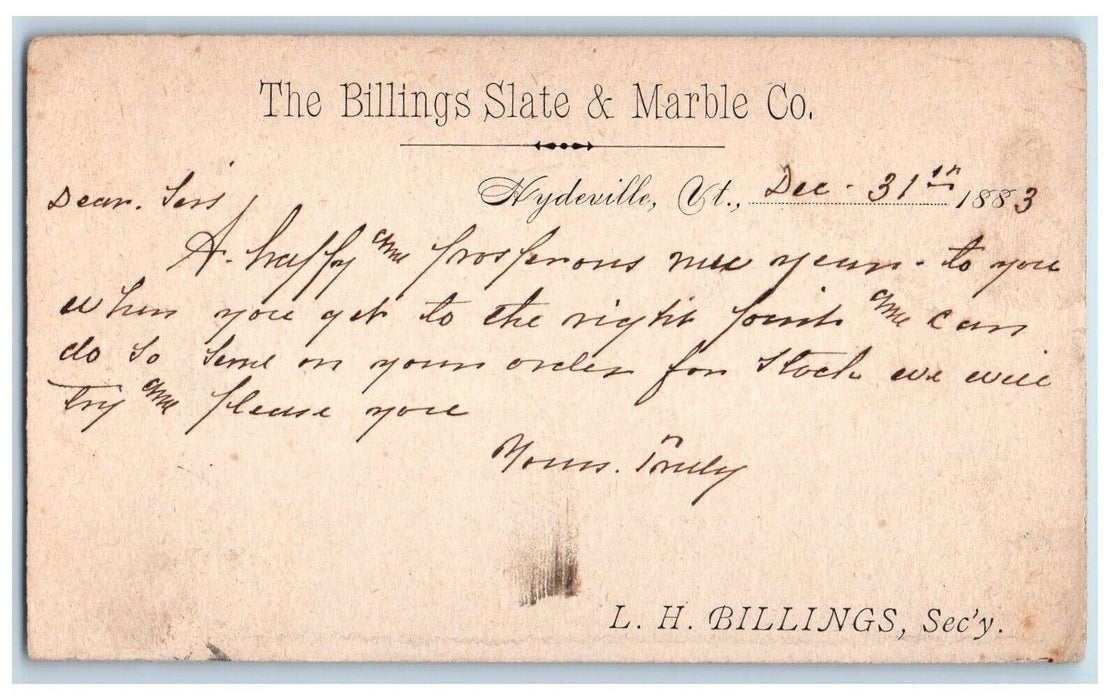 1883 The Billings State & Marble Co. Hydeville Vermont VT Antique Postal Card