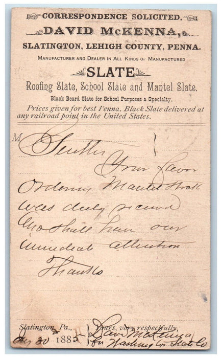 1885 David McKenna Correspondence Solicited Lehigh County PA Antique Postal Card