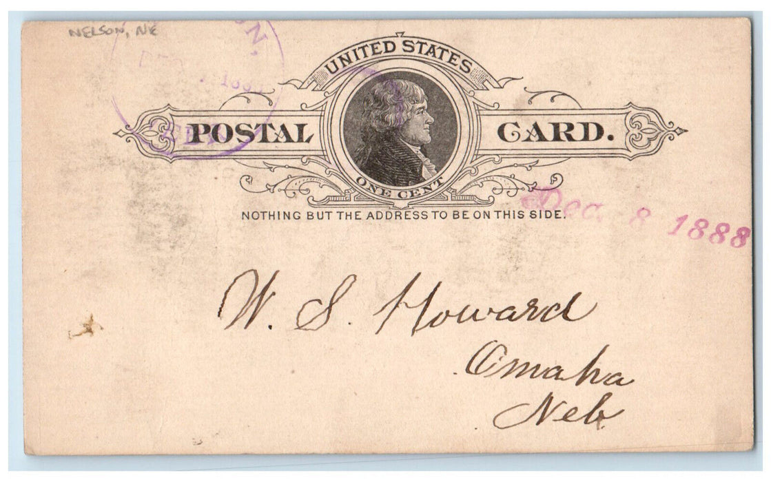 1888 WS Howard Omaha Nebraska NE Nelson NE Antique Posted Postal Card