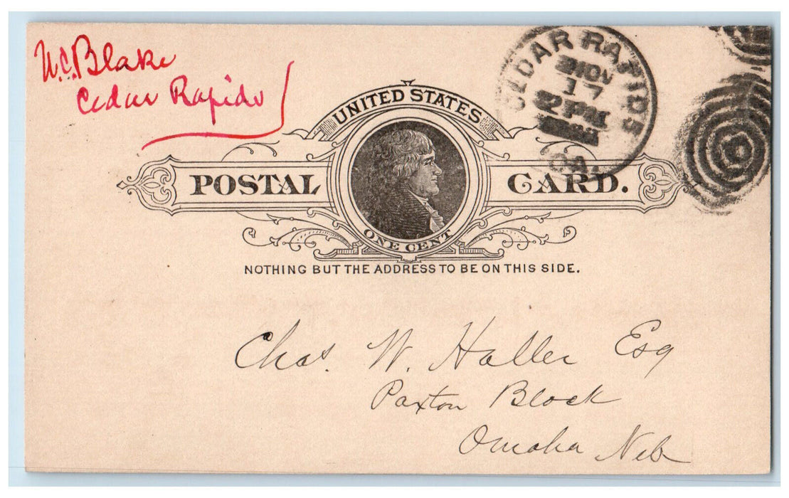 1888 U.C. Blake Attorney at Law Cedar Rapids Iowa IA Antique Posted Postal Card