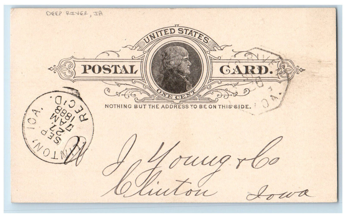 1888 WJ Young & Co Deep River Iowa IA Clinton IA Antique Posted Postal Card