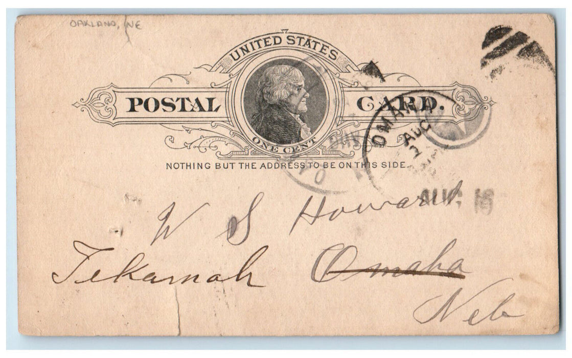 1887 WS Howard Oakland Nebraska NE Omaha NE Antique Posted Postal Card