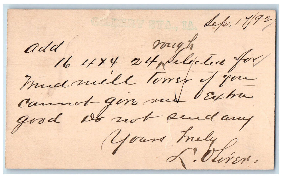1892 Gilbert Station Iowa IA Clinton IA Cancel Antique Posted Postal Card