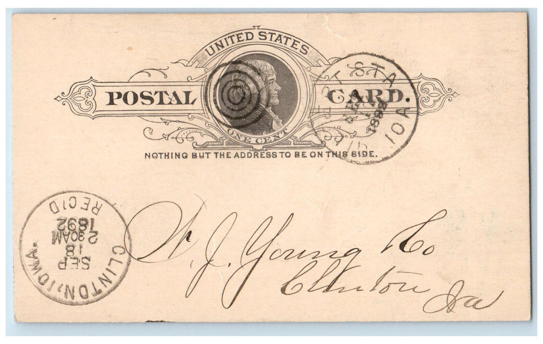 1892 Gilbert Station Iowa IA Clinton IA Cancel Antique Posted Postal Card