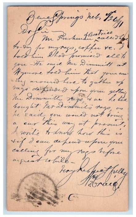 1891 Craig WS Howard Blue Springs Nebraska NE Omaha NE Antique Postal Card