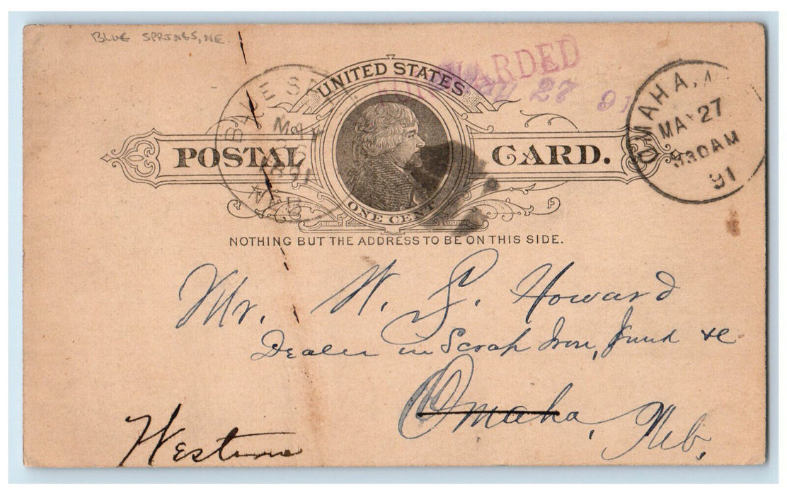 1891 Craig WS Howard Blue Springs Nebraska NE Omaha NE Antique Postal Card