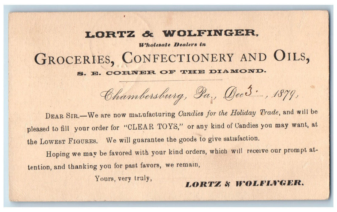 1879 Lortz & Wolfinger Groceries Confectionary Chambersburg PA Postal Card