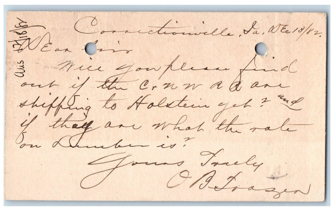 1882 Shipping to Holstein Correctionville Iowa IA Clinton IA Postal Card