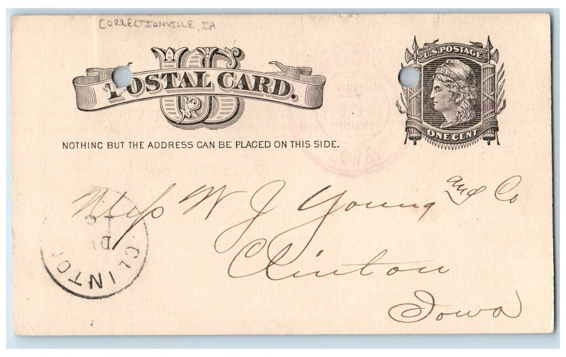 1882 Shipping to Holstein Correctionville Iowa IA Clinton IA Postal Card