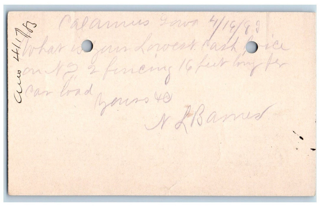 1883 Lowest Cash Price Message NL Bames Calamus Iowa IA Clinton IA Postal Card