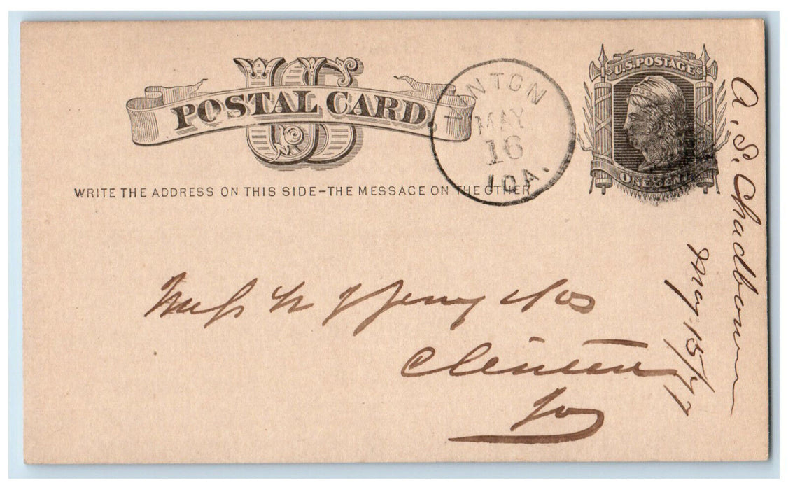 1877 Order Message AS Chadbow Vinton Iowa IA Clinton IA Antique Postal Card