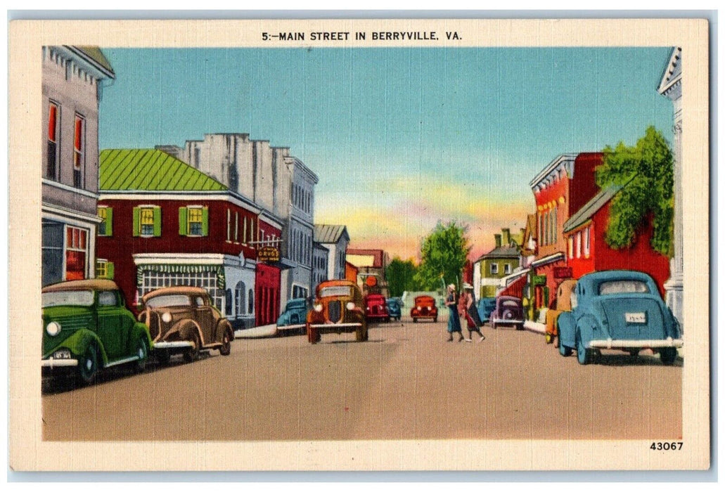 c1930's View Of Main Street Cars Drugs Store Berryville Virginia VA Postcard