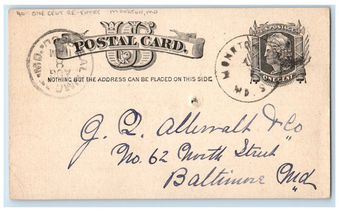 1883 One Cent Re-Entry Monkton Maryland MD Baltimore MD Antique Postal Card