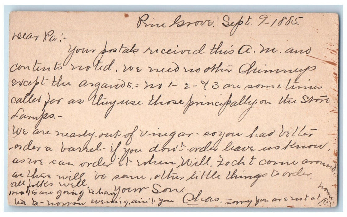 1885 Barrel Order Pine Grove Pennsylvania PA Philadelphia PA Antique Postal Card