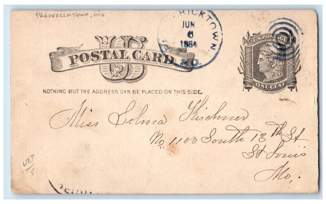 1884 Letter to Selina Fredericktown Missouri MO Blue Cancel Postal Card