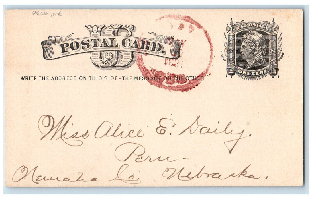 1881 Miss Alice E Daily Peru Nebraska NE Red Cancel Antique Postal Card