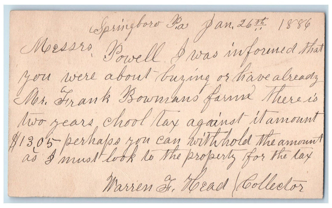 1886 Letter About Buying Warren F Head Springboro Pennsylvania PA Postal Card