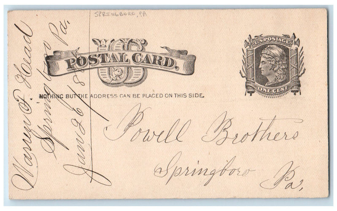 1886 Letter About Buying Warren F Head Springboro Pennsylvania PA Postal Card