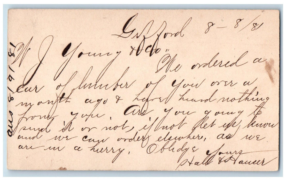 1881 Ordered Car of Lumber Stall & Hauser Gifford Iowa IA Antique Postal Card